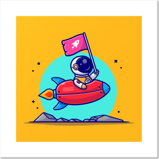 Cute Astronaut Holding Flag With Riding Rocket in Space Cartoon Vector Icon Illustration Posters and Art